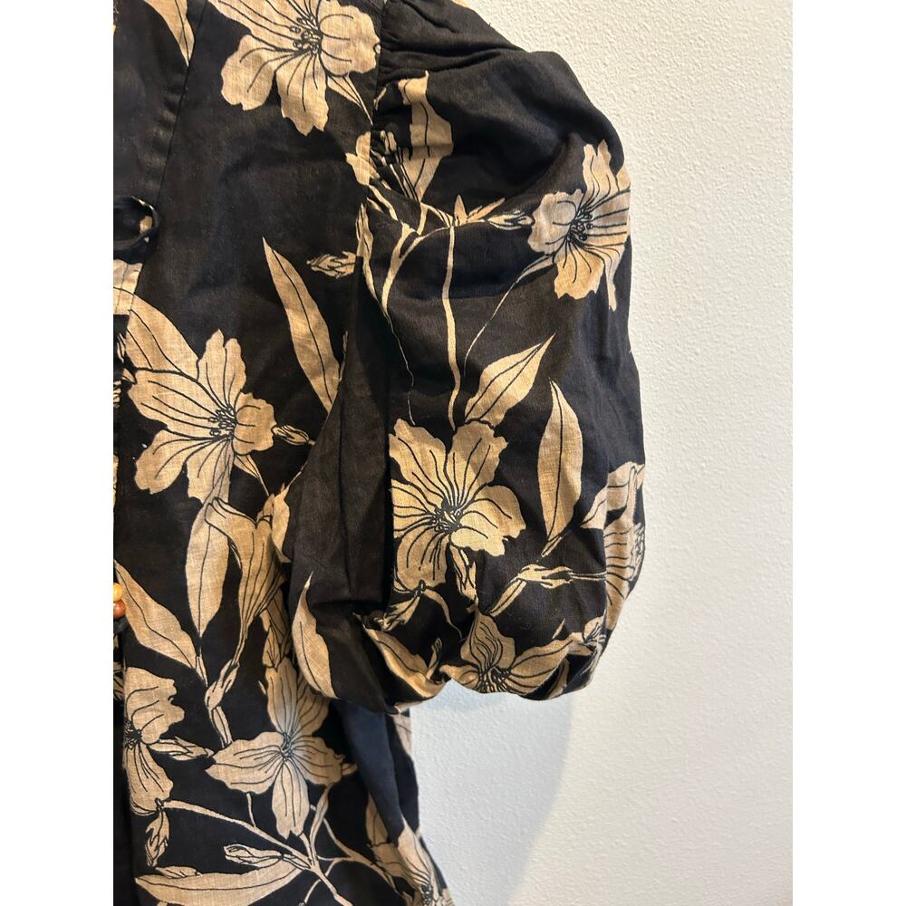 Ralph Lauren 100% Linen puff sleeve floral black beige tie front blouse top sz M - Picture 3 of 8